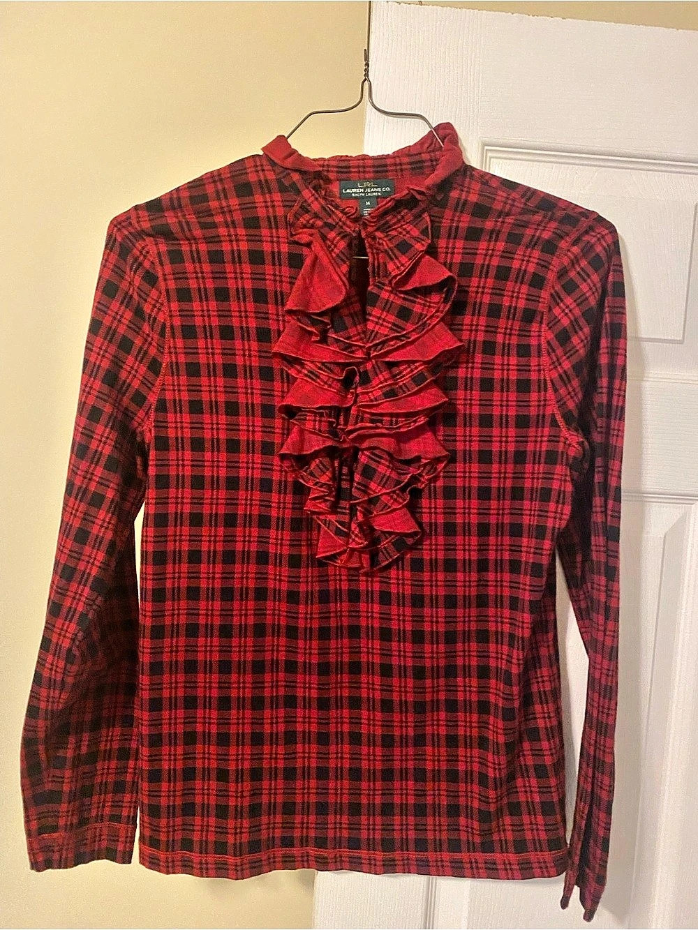 Lauren Jeans Co. Ralph Lauren Plaid Ruffle Blouse in Red & Black Size Medium
